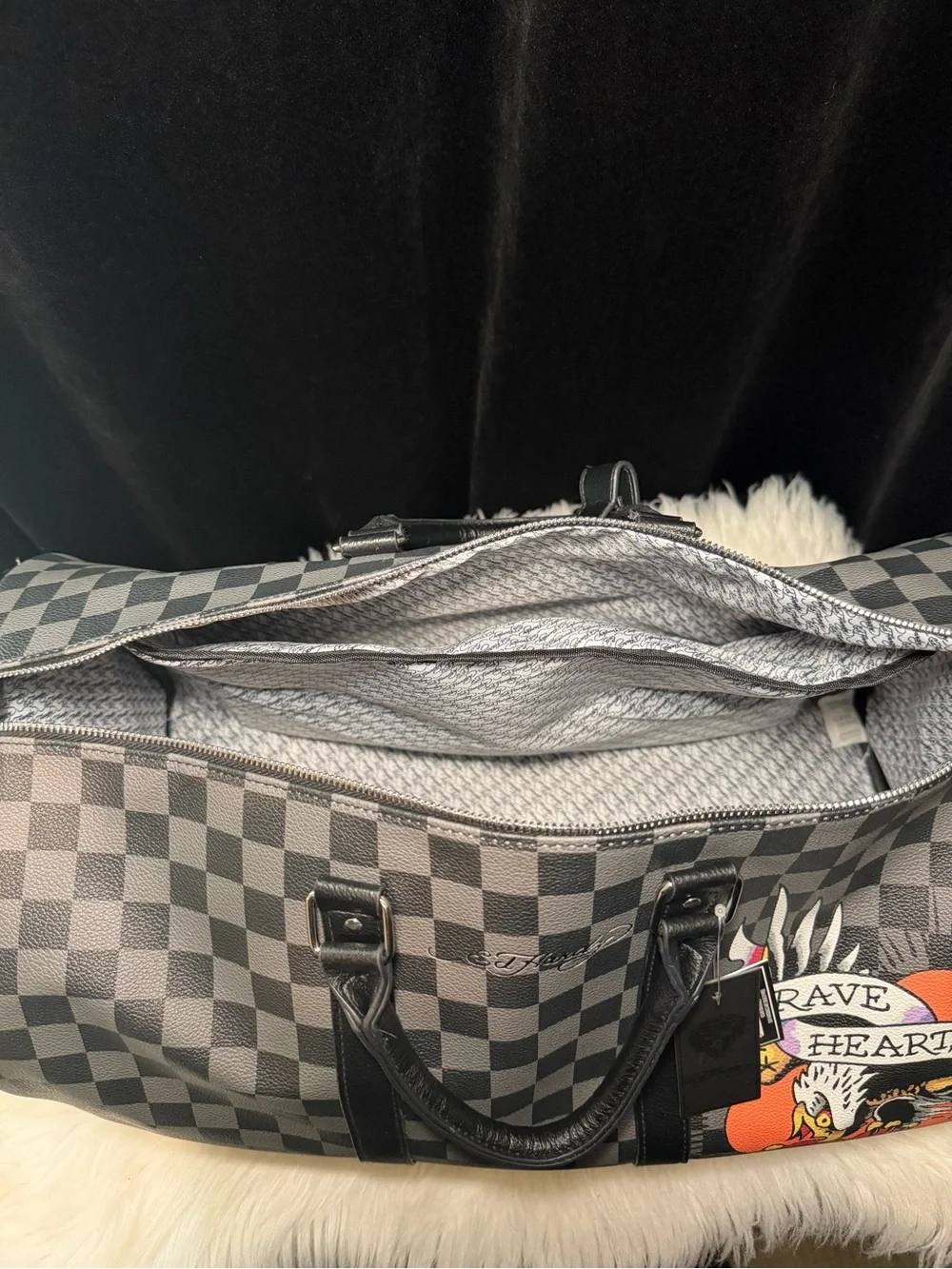 Ed Hardy Checkerboard Gray Travel Duffle Bag with Graphic Detail
